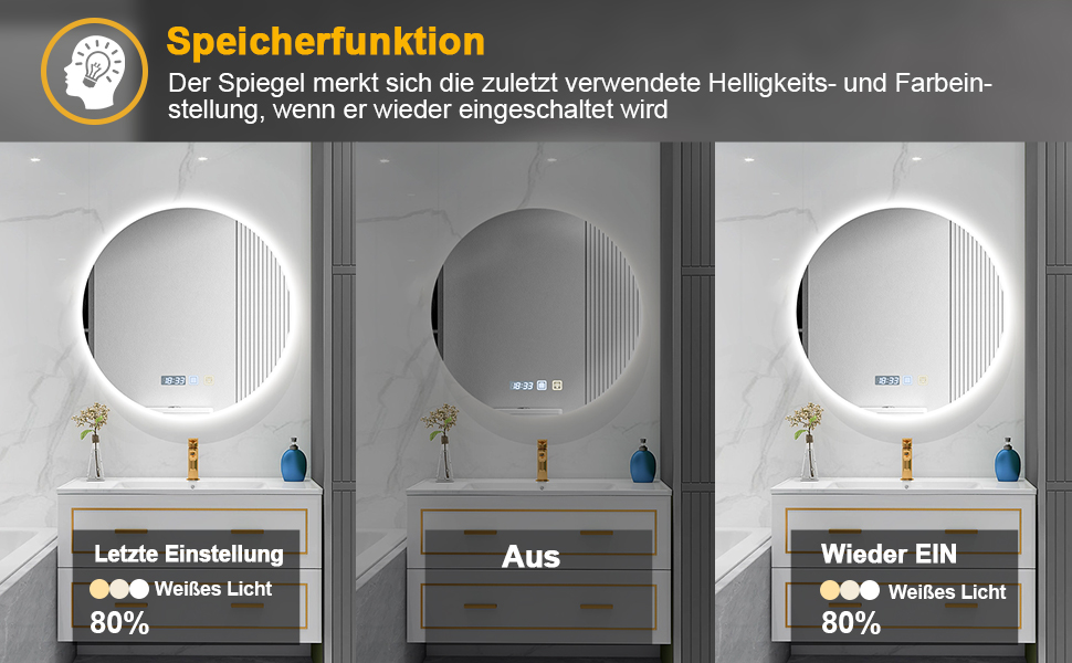 Дзеркало для ванної кімнати Viugreum з підсвічуванням 50x75 см, овальне LED дзеркало, регульована яскравість, 3 кольори світла, протитуманне покриття, годинник, сенсорна кнопка, LED дзеркало для ванної кімнати, вітальні (60 см кругле)