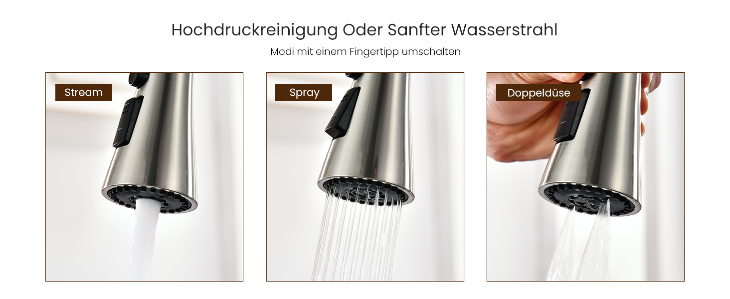 Кухонний змішувач Dayone з висувною лійкою, нержавіюча сталь SUS304, високий тиск, кухонний кран з 2 функціями, поворотна на 360°, для кухні