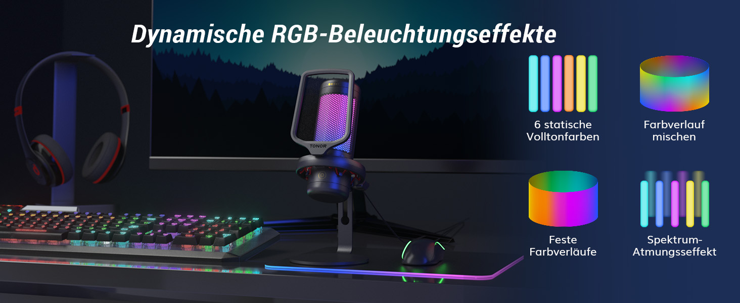 Мікрофон геймерський TONOR TC310 USB для ПК, PS4/PS5 з RGB підсвіткою та тримачем