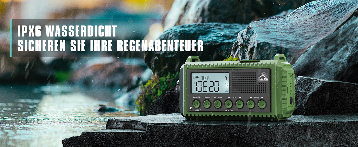 Радіо на батареї 12000mAh | Радіо з ручкою та сонячною панеллю | AM/FM/SW, SOS, USB-C | Водонепроникне IPX4, ліхтарик, для кемпінгу та відпочинку на природі