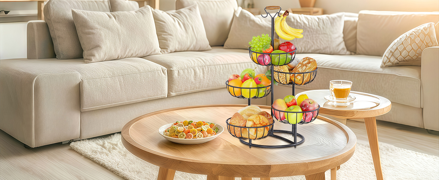 Багатоярусна підставка для фруктів PouHenier.jh – 5 ярусів, чорний колір, з тримачем для бананів. Металева підставка для фруктів та овочів, органайзер для кухні