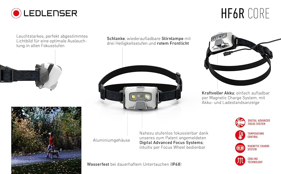 Налобний ліхтар Ledlenser HF6R Core 800 люменів, водонепроникний, акумуляторний, з червоним світлом, IP68, білий, для туризму та спорту