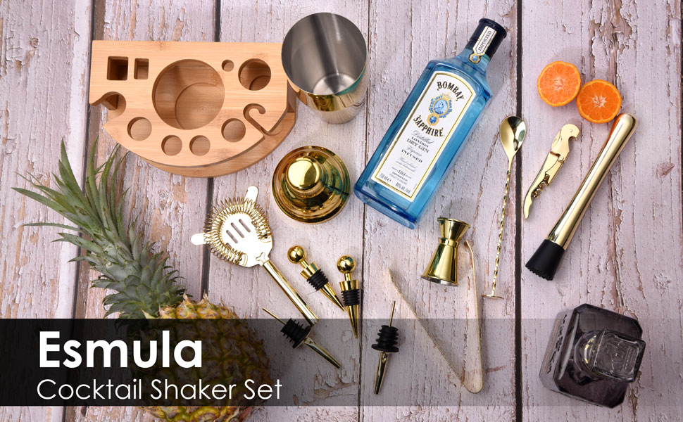Набір шейкер для коктейлів Esmula 750 мл, 12 предметів, нержавіюча сталь, барменський аксесуар, подарунок для чоловіків та жінок, з книгою рецептів (Золотий)