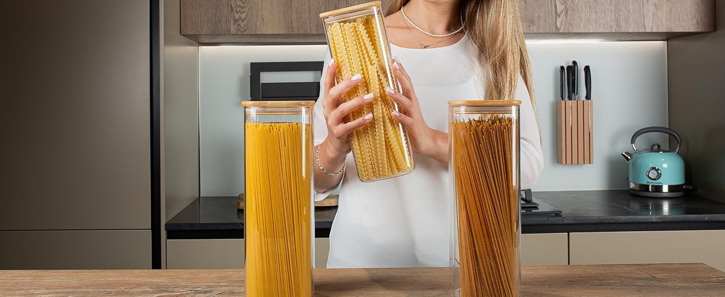 Набір квадратних банок для спецій Deco haus з дерев'яною кришкою, 12 шт, 280 мл, скляні герметичні ємності для спецій з етикетками, баночки для зберігання, набір 3 шт по 2300 мл для спагеті