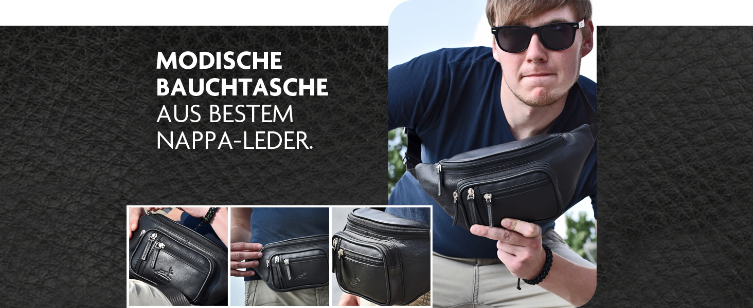 Чоловіча/жіноча поясна сумка Volmer Palma з натуральної шкіри, чорна, регульований ремінь до 130 см