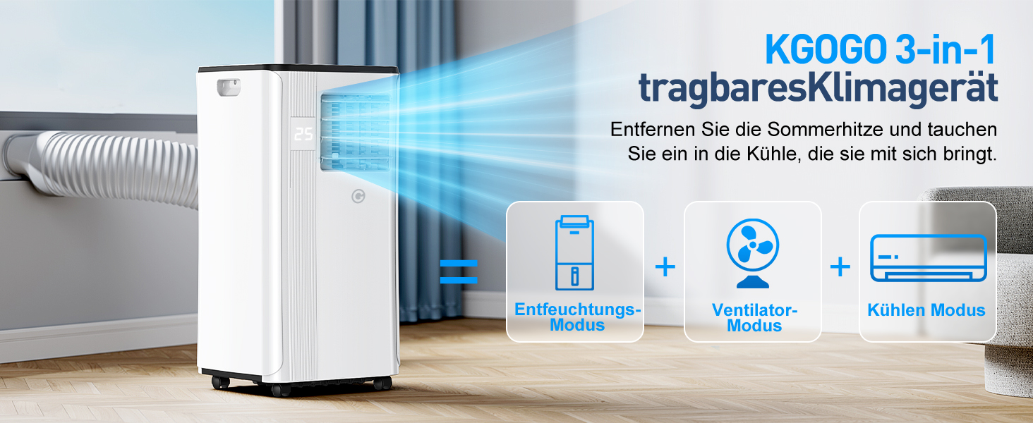 Мобільний кондиціонер Klimaanlage 9000 BTU 3-в-1: охолодження, осушення, циркуляція повітря, LED дисплей, пульт, таймер, тихий, енергоефективний, для приміщень до 88 м³