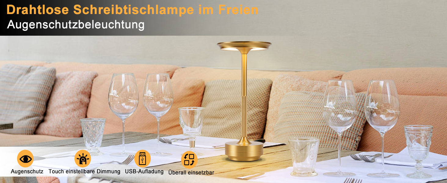Настільна лампа бездротова LED з USB зарядкою, торшер для спальні, дитячої, вітальні, 2 шт. (Золото)