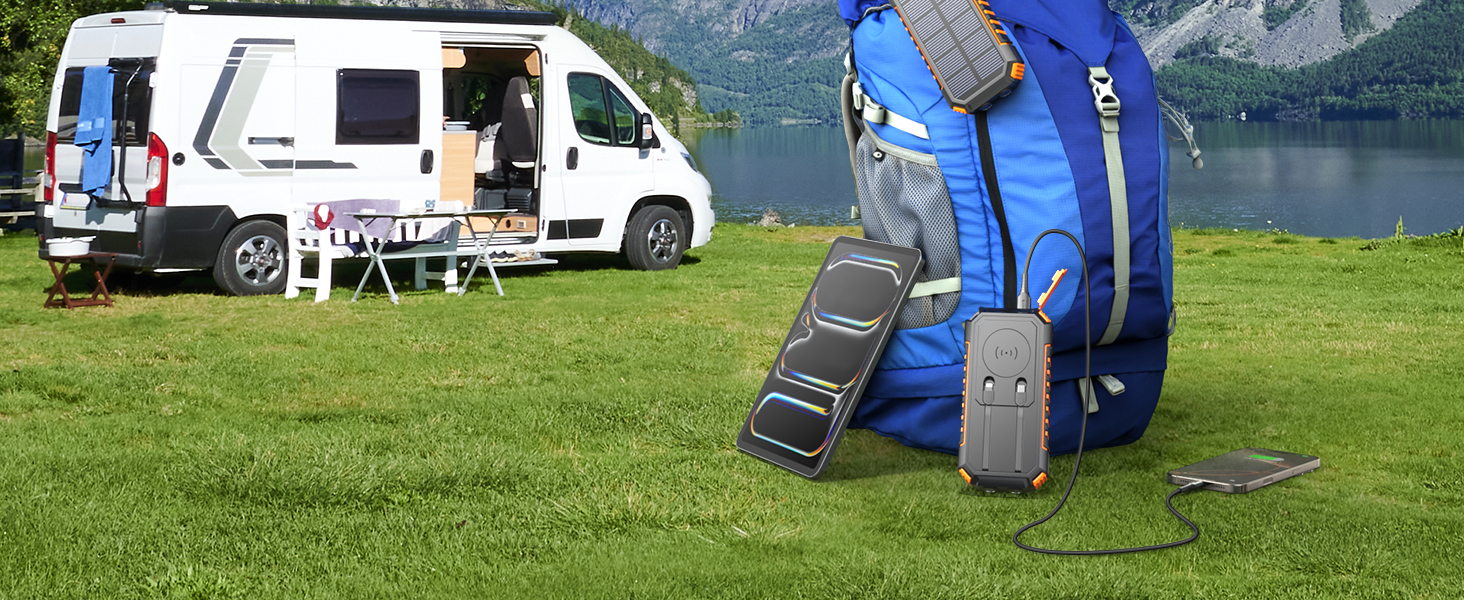 Сонячний Power Bank Riapow 27000mAh з сонячною панеллю, 22.5W, USB-C PD QC 3.0, LED-ліхтарик, 2 кабелі, для телефону та планшета, помаранчевий