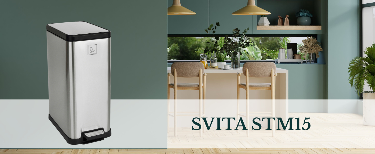 Відро для сміття SVITA STM15 педальне, 15л, сріблясте, з м'яким закриттям та внутрішнім відром, прямокутне, для дому та офісу