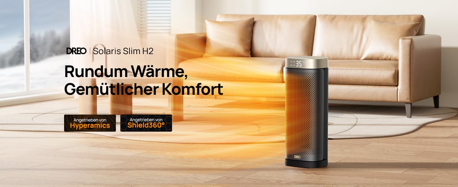 Електричний обігрівач DREO Solaris Slim H2, 2000W, керамічний, з термостатом, таймером, осциляцією, захистом від перегріву та нахилу, золотий