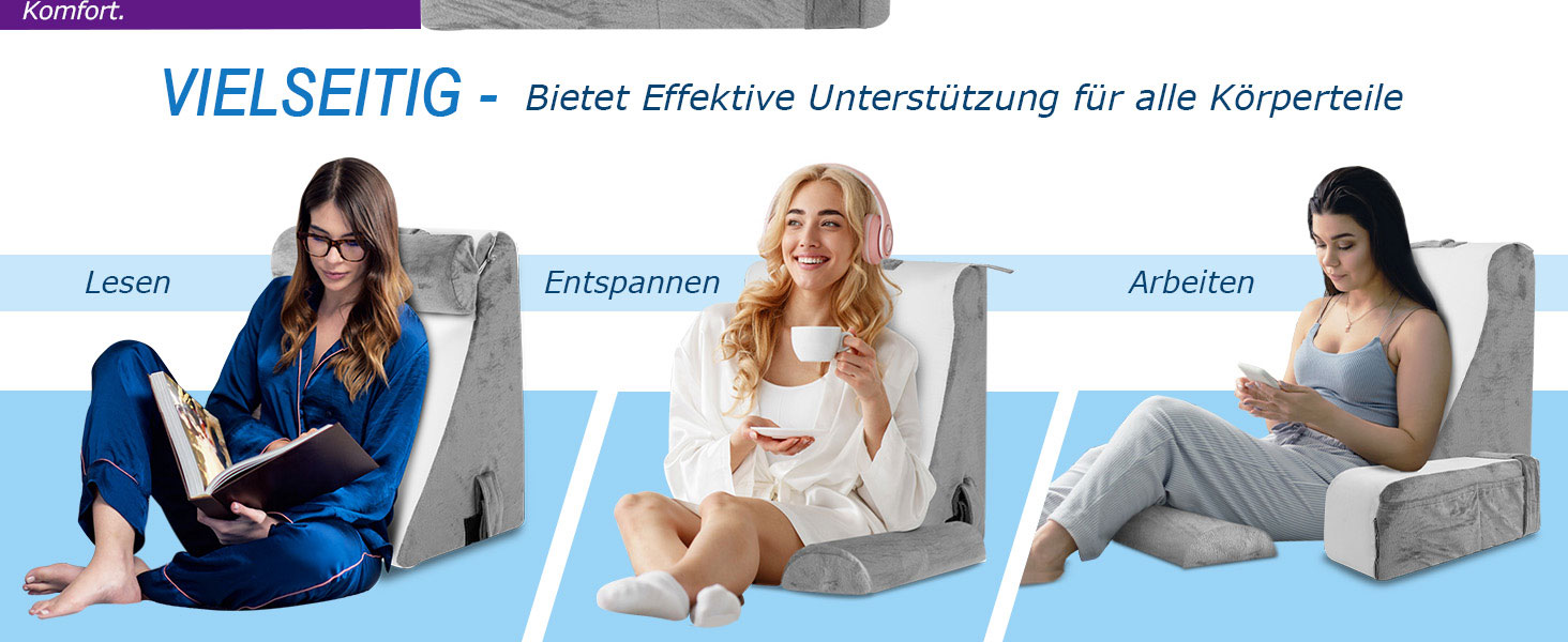 HOMCA Подушка для читання та відпочинку в ліжко та на диван з знімною подушкою для шиї та підлокітником, подушка для спини, подушка для стіни, багатофункціональна подушка-клинок для читання, роботи, перегляду телевізора (36x40x48 см)
