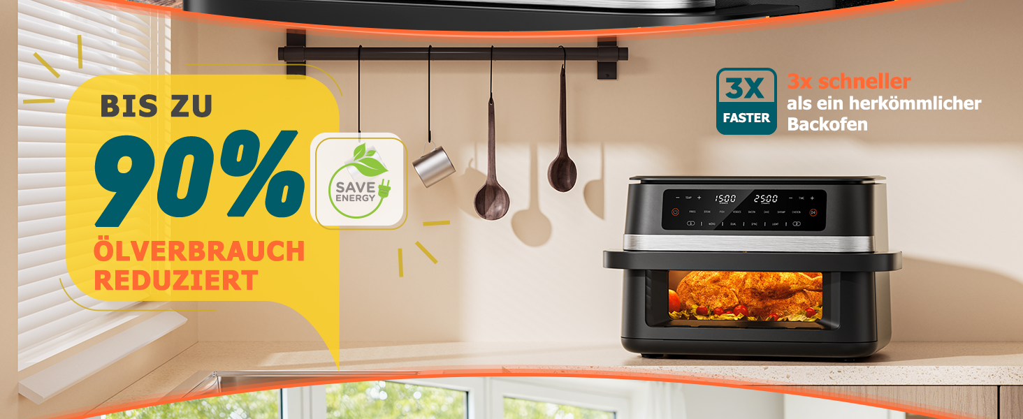 Електрична фритюрниця без олії, 12L, з подвійним відсіком, сенсорний екран, 10 програм, чорна