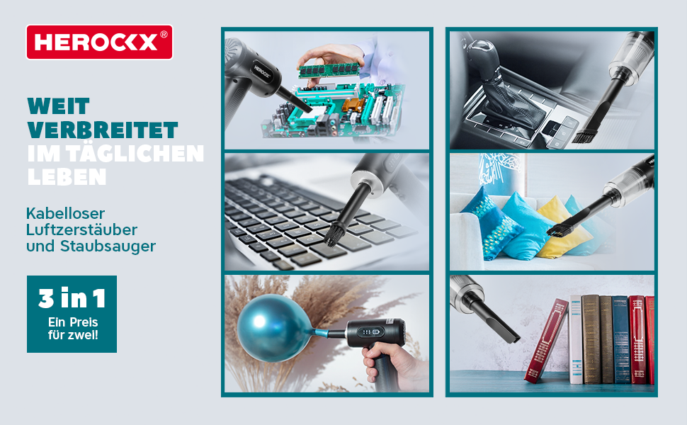 Електричний пилосос-фен HEROCKX, 3 швидкості, LED-ліхтар, акумулятор 2000mAh, зарядка Type-C, для чищення ноутбука, авто