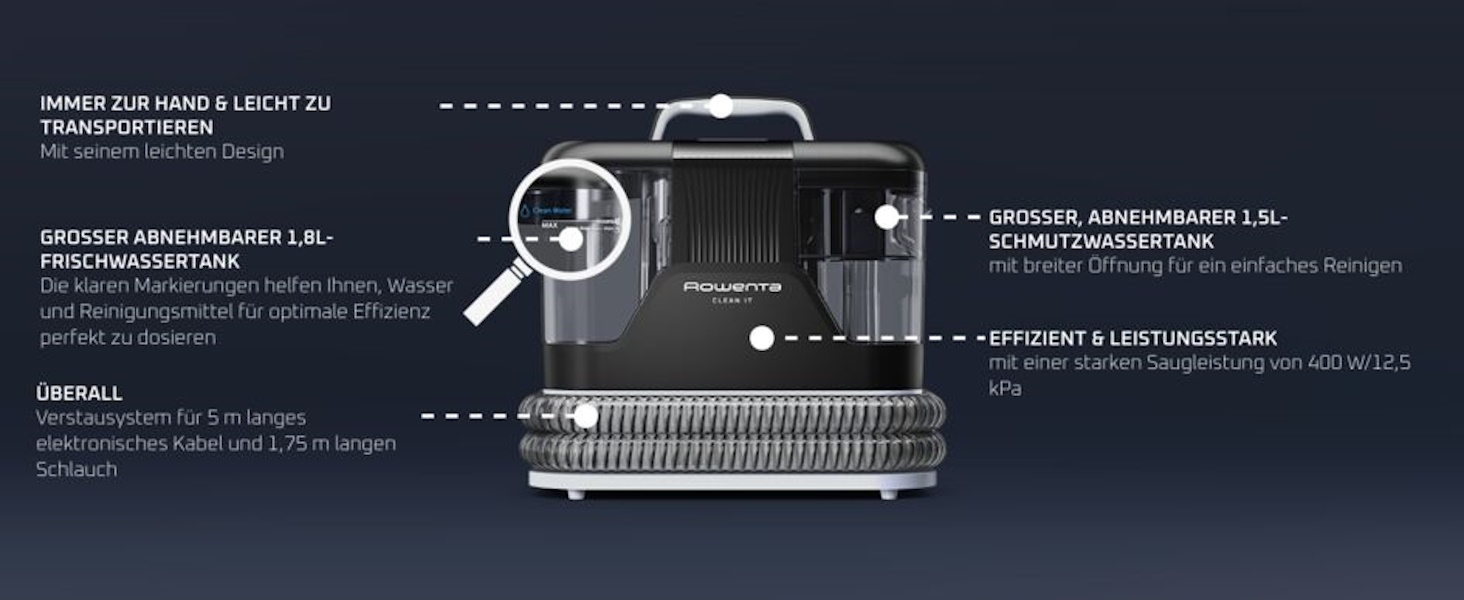 Rowenta Clean It - портативний відпарювач для килимів, 750 Вт, зелений/чорний, IN5020F0, з 5 насадками