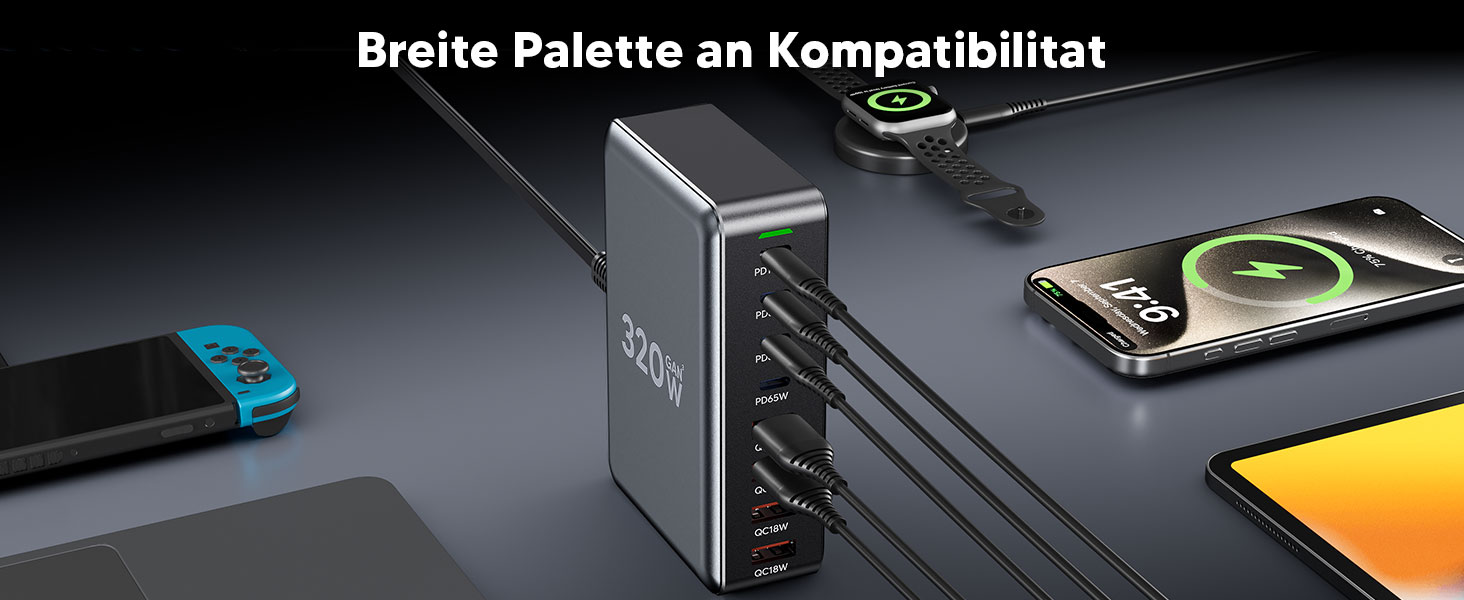 Зарядний пристрій USB-C GaN III 320W, 8 портів: для iPhone, Samsung, MacBook, Dell, Steam Deck та ін.