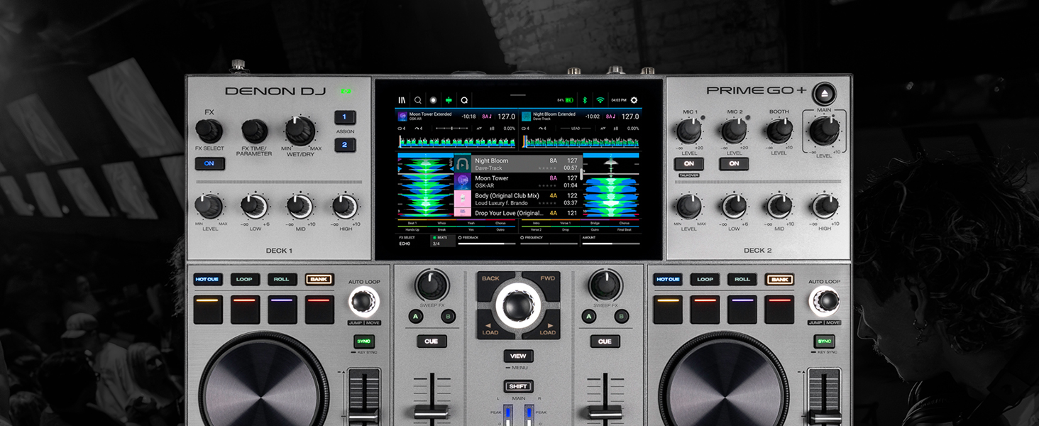 Denon DJ PRIME GO+ - Портативний DJ контролер та мікшер з розділенням STEM, 2 деки, Wi-Fi, Bluetooth, керування світлом, 7