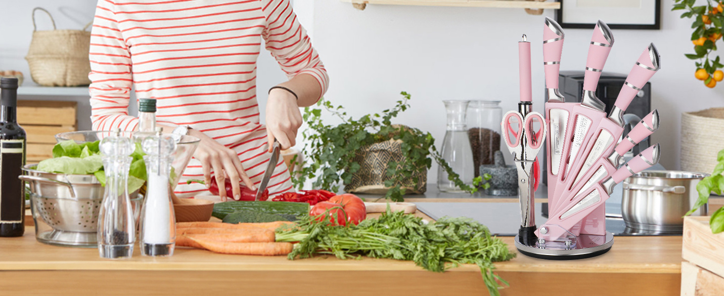 Набір кухонних ножів Justup 9шт з обертовим блоком, рожевий. Набір ножів з нержавіючої сталі з антипригарним покриттям, з точилкою для кухні.