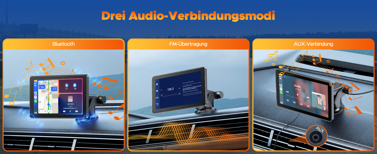 Volam Бездротовий CarPlay/Android Auto дисплей 7 дюймів, сенсорний екран, Mirror Link, навігація, музика, Siri, Google Асистент, Bluetooth 5.0, AUX, FM
