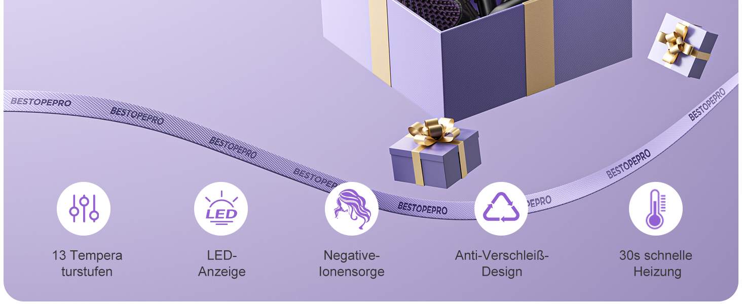 BESTOPE PRO Локкенстаб: Набір для створення локонів 5 в 1 з плойкою, термощіткою, 3 локкенстабами (9мм-25мм) для великих локонів, 13 температур, керлер для волосся з термозахисним покриттям, рукавичка, затискач, колір Nordlicht Lila