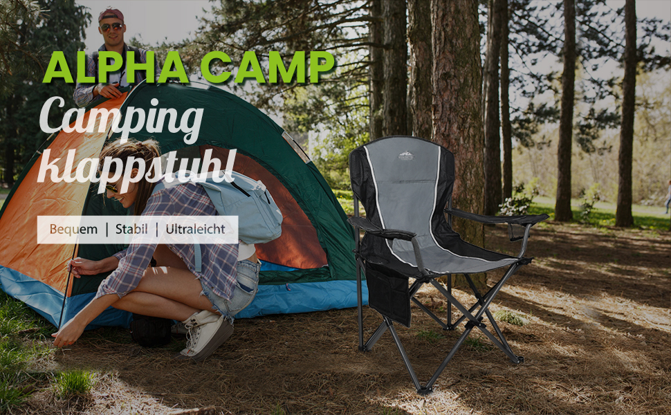 Кемпінговий стілець ALPHA CAMP складний, до 160 кг, з підлокітниками та тримачем для напоїв, сталевий каркас, чорно-сірий X-Large