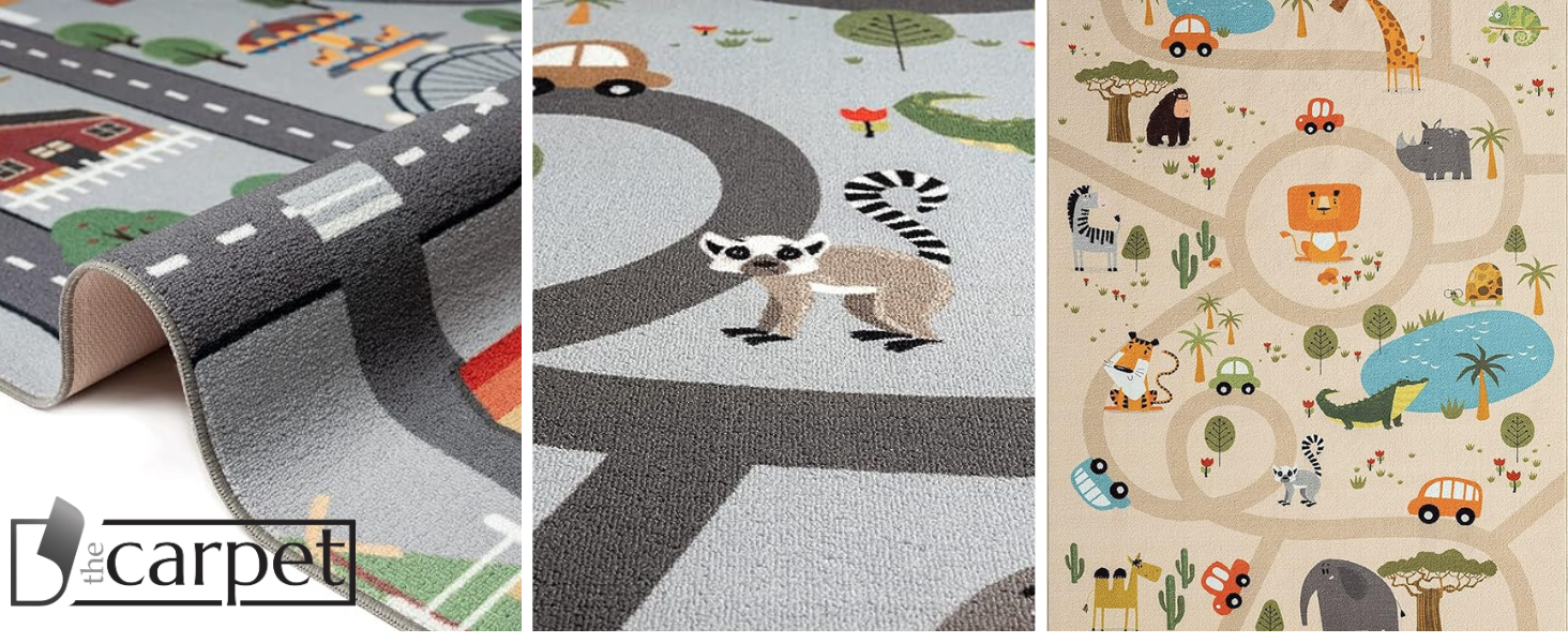 Дитячий килим Happy Life: ігровий килимок з малюнком дороги, джунглі, тварини та машинки, антиковзкий, бежевий 80x150 см