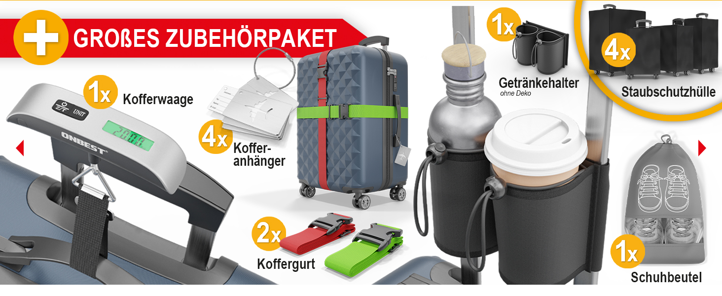 Преміум набір валіз 4 шт. – жорсткі валізи з TSA-замком, USB-порт – плюс ваги для валіз, ремені, адресники, тримач для напоїв, чохол для взуття, захисні чохли, рожевий