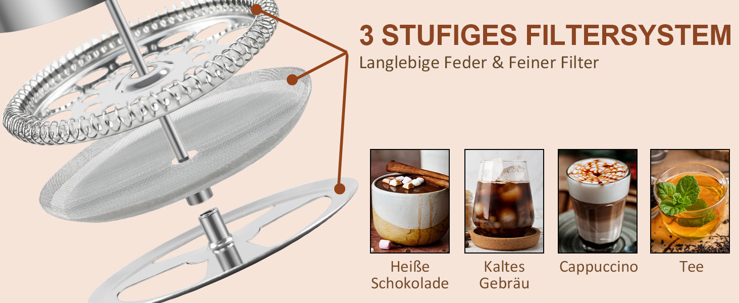 Френч-прес 1000 мл / 8 чашок, кавоварка з нержавіючої сталі, подвійні стінки, ізольована, з фільтром - 1 літр