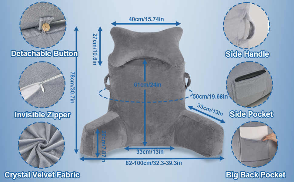 Крісло-мішок для читання, 90 x 80 см, XXL спинка, з підлокітником та знімною подушкою для шиї, сіре