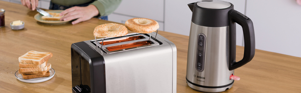 Електричний чайник Bosch DesignLine TWK4P440, 1.7 л, нержавіюча сталь/чорний, з індикатором рівня води та захистом від перегріву