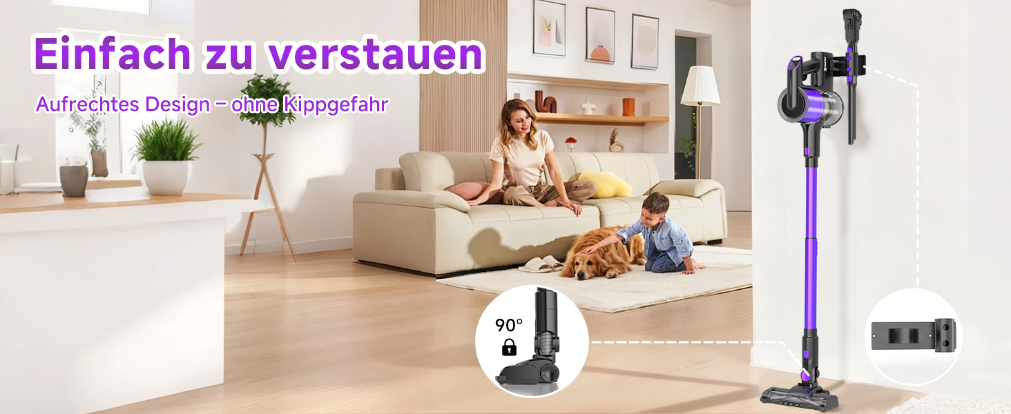 Бездротовий акумуляторний пилосос Hearten 4-в-1 з LED дисплеєм та антизаплутувальною насадкою, сенсорне управління, для видалення шерсті тварин, килимів та твердих поверхонь (фіолетовий)