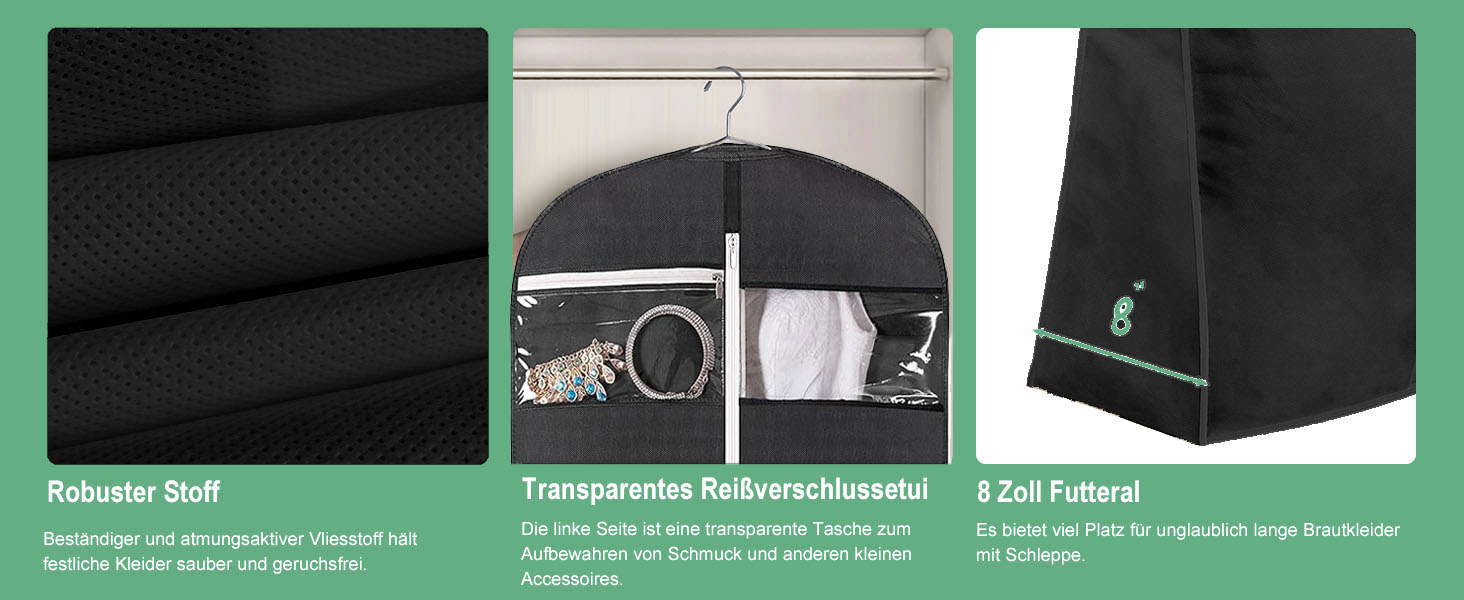 Чохол для сукні MISSLO, 177см, чорний: дихаючий, з кишенями, для вечірньої сукні, костюма, весільної сукні, у подорож