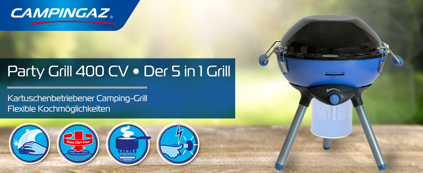 Газовий гриль Campingaz Party Grill для кемпінгу та пікніка, портативний гриф для фестивалів, з антипригарною поверхнею та підставкою для каструлі