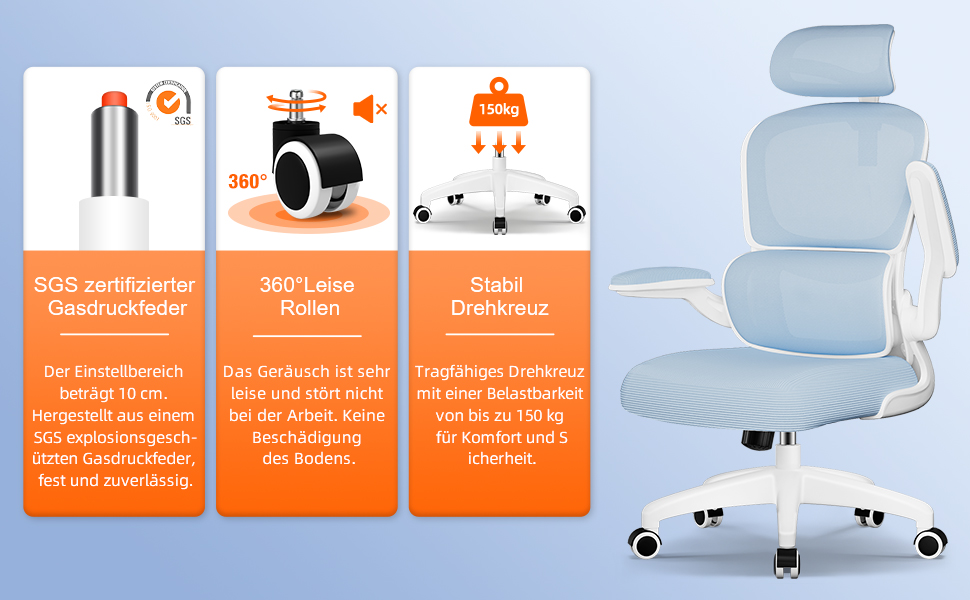 Ергономічне крісло для офісу з регульованою підголівником, підтримкою попереку та відкидними підлокітниками, крісло для начальника, 150 кг, функція гойдання до 135° (Блакитний, Модель 2)