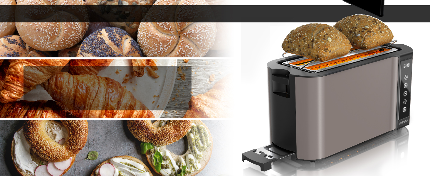 Тостер Arendo з нержавіючої сталі з 4 слотами, сенсорний екран, подвійні стінки, 1500 Вт, підставка для булочок, 7 рівнів підсмажування, центрування хліба, індикатор часу, пам'ять, колір: зелений (E) / тауп (F)