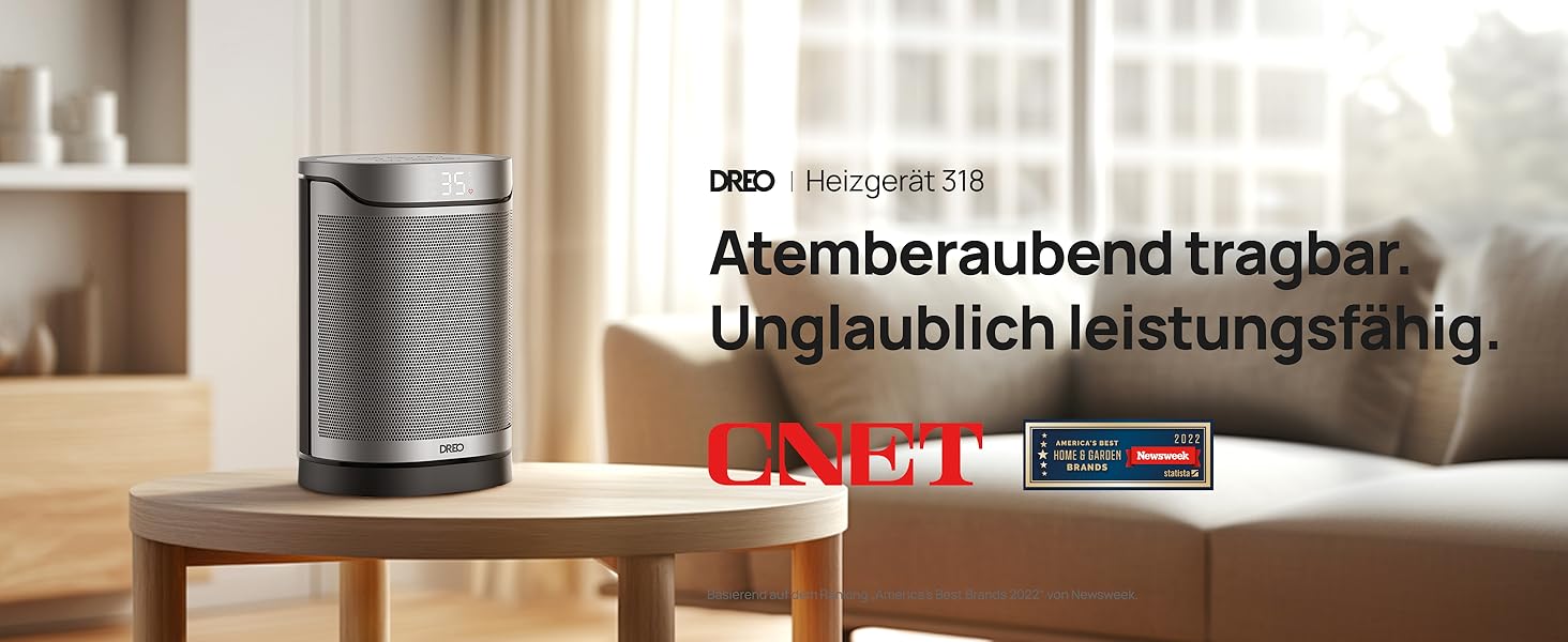 Електричний керамічний обігрівач DREO 318, 1500 Вт з термостатом, захистом від перегріву та нахилу, таймером та дитячим замком, срібний колір