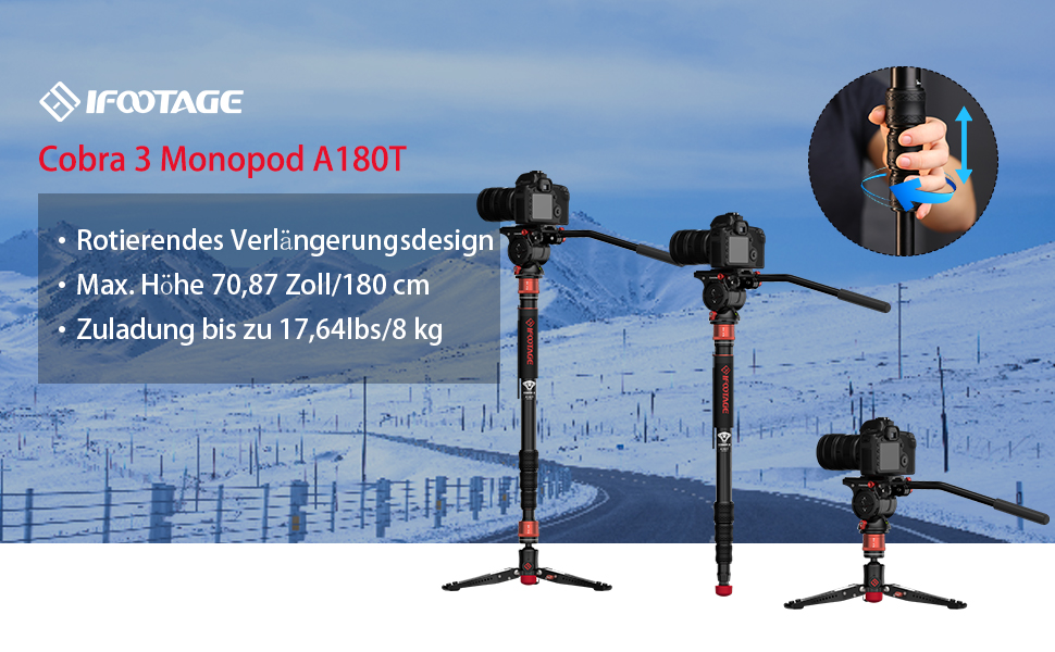 Монопод IFOOTAGE Cobra 3 A180T для камер Sony, Nikon, DSLR, з алюмінію, до 8 кг