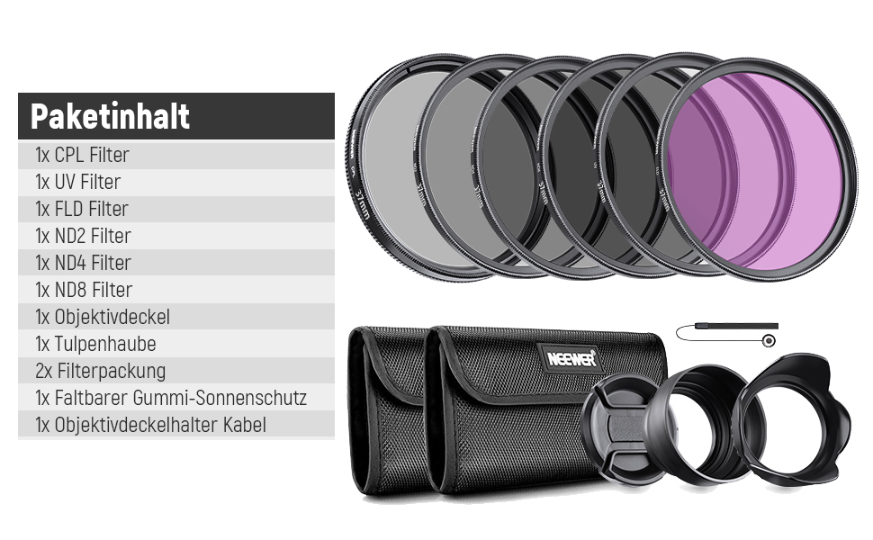 Набір фільтрів NEEWER 40.5mm ND2 ND4 ND8 UV FLD CPL (кругла поляризація) з кришкою об'єктива