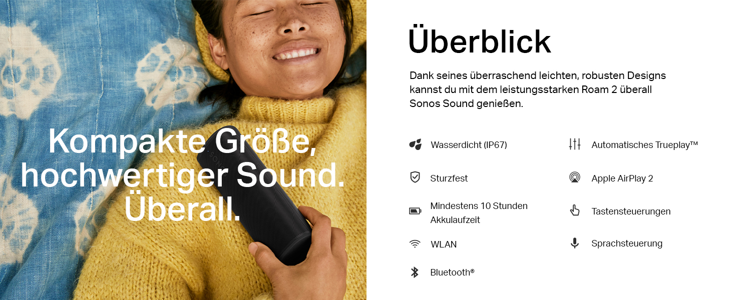 Sonos Roam 2: Портативна бездротова Bluetooth колонка, водонепроникна, чорна - 10 годин автономії