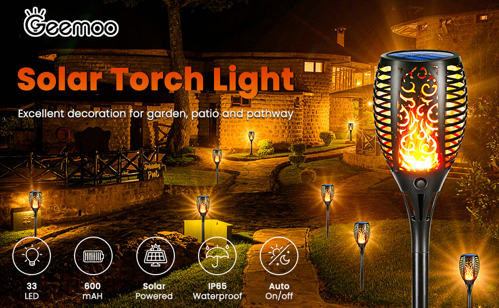 Geemoo Outdoor Solar Lights - 6 Pack Solar Torches with Realistic Flame Effect