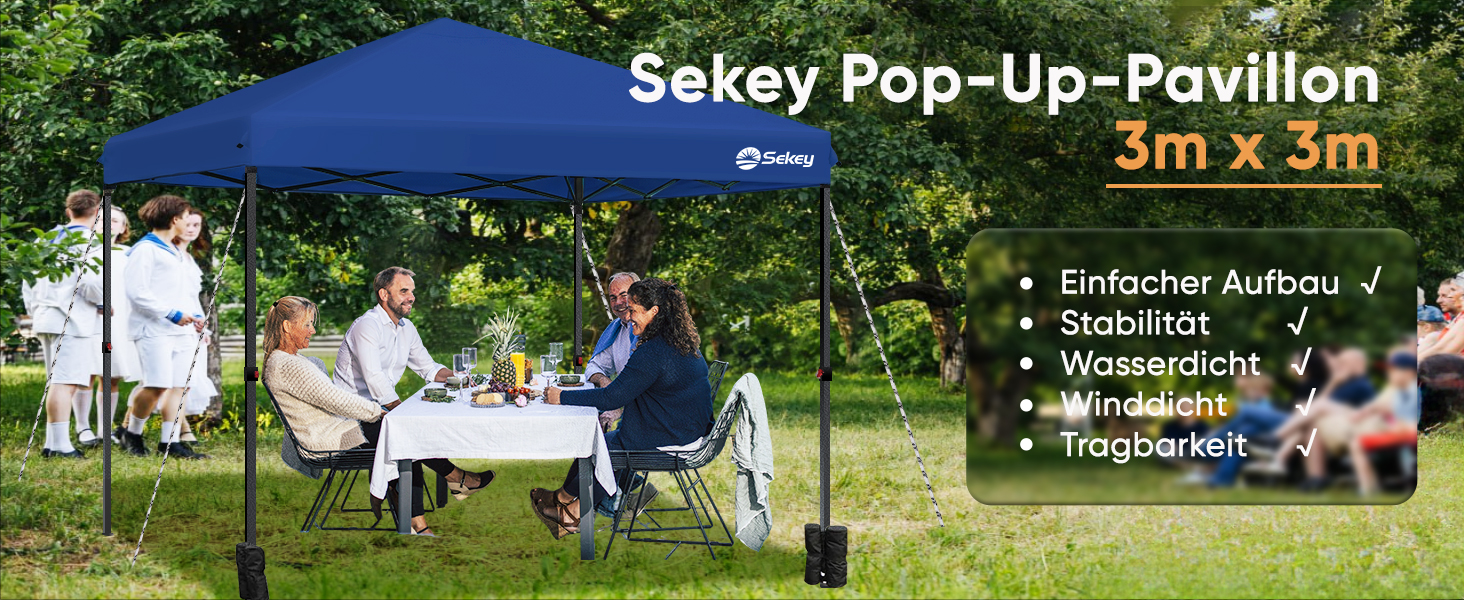 Складаний павільйон Sekey One-Touch 3x3 м, водонепроникний, зимостійкий, посилені труби, без бокових стінок, для кемпінгу, фестивалів, вечірок, колір темно-синій