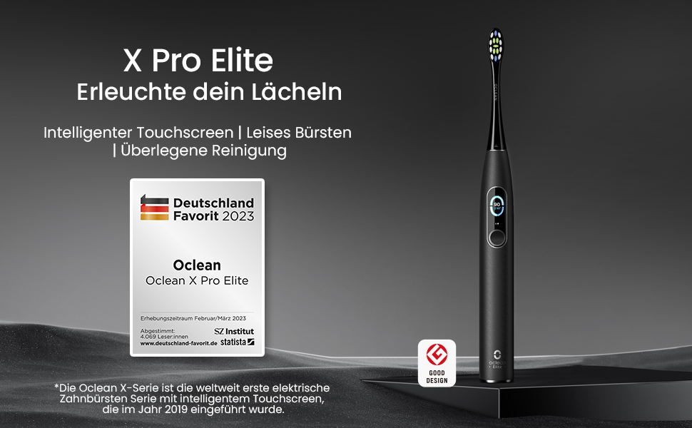 Oclean X Pro Elite: Електрична звукова зубна щітка з 7 насадками, підставка та чохол, чорна