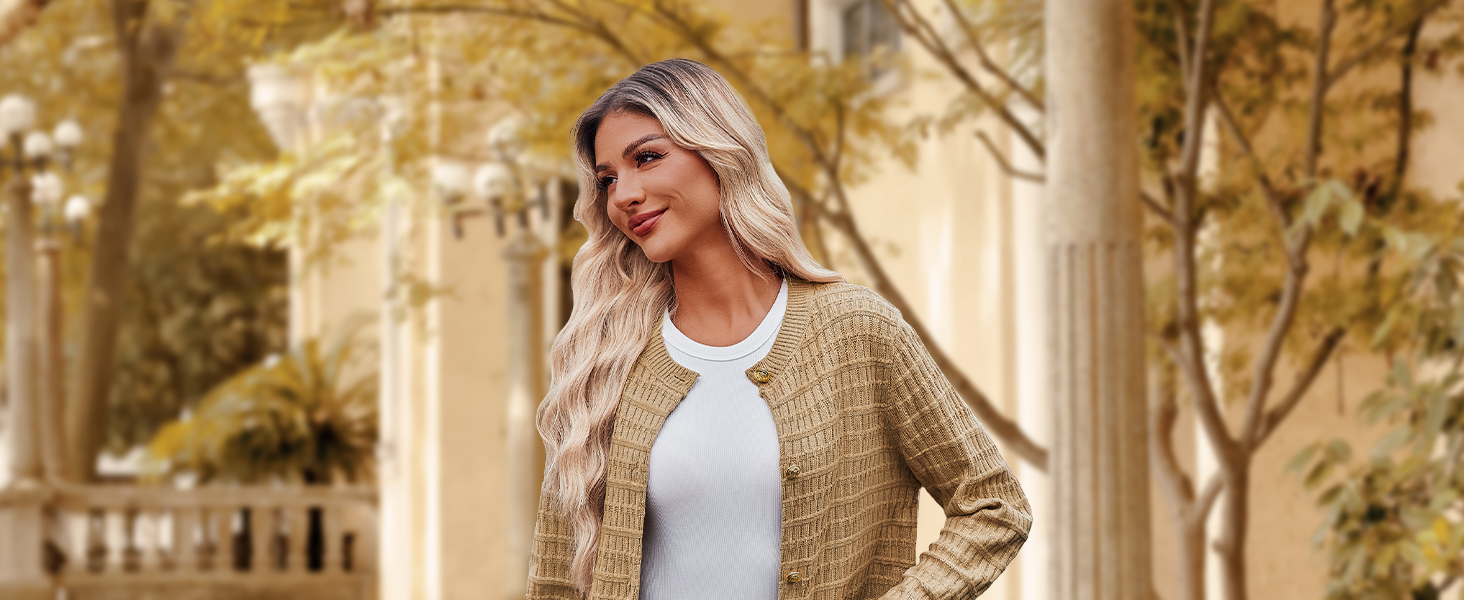 Жакет Zeagoo з довгими рукавами, кардиган з круглою шиєю, в'язаний жакет на ґудзиках, відкритий спереду, елегантний в'язаний светр для жінок (M, пісочний)