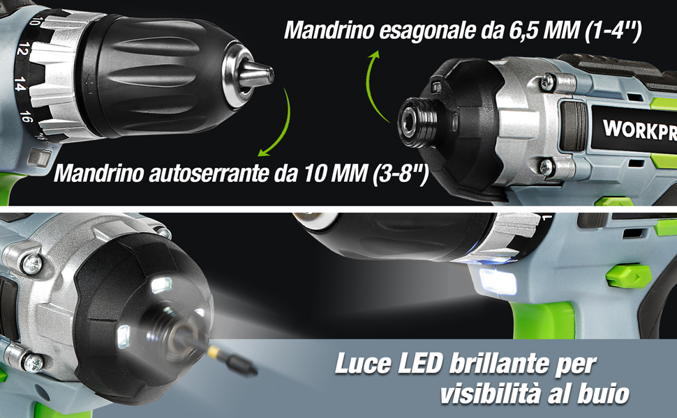 WORKPRO Набір акумуляторних шуруповерт та ударний шуруповерт 20V 2.0Ah (2 акумулятори, зарядний пристрій, 6 свердл, 10 біт)