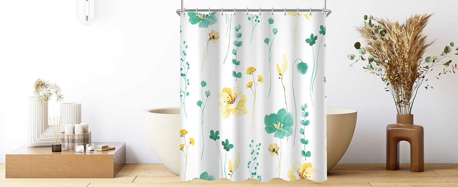 Штора для ванної кімнати 240x200 см, квіти, антигрибкова, водовідштовхувальна, поліестер, з кільцями для душу (М'ятний)