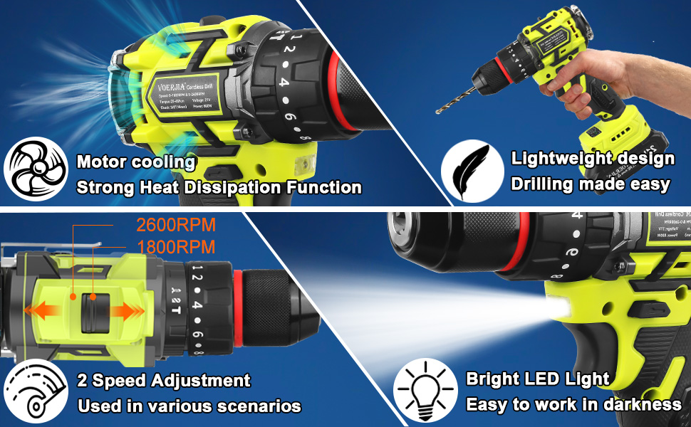 Акумуляторний шуруповерт 21V з набором 46 предметів: безщітковий дриль-шуруповерт, 2 акумулятори 2000 mAh, патрон 3/8', 20+3 ступені крутного моменту, до 65 Н.м, LED-ліхтар, 2 швидкості, аксесуари для електроінструментів