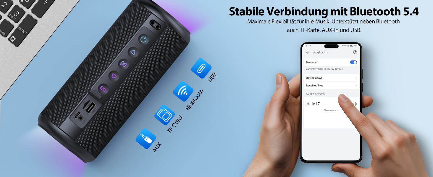 Bluetooth колонка 2026 з RGB підсвіткою, портативна, водонепроникна IPX7, з мікрофоном, для дому, саду та подорожей, чорна