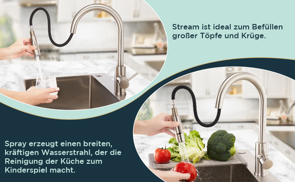 Змішувач кухонний FORIOUS чорного кольору з висувною лійкою, поворотний на 360°, нержавіюча сталь