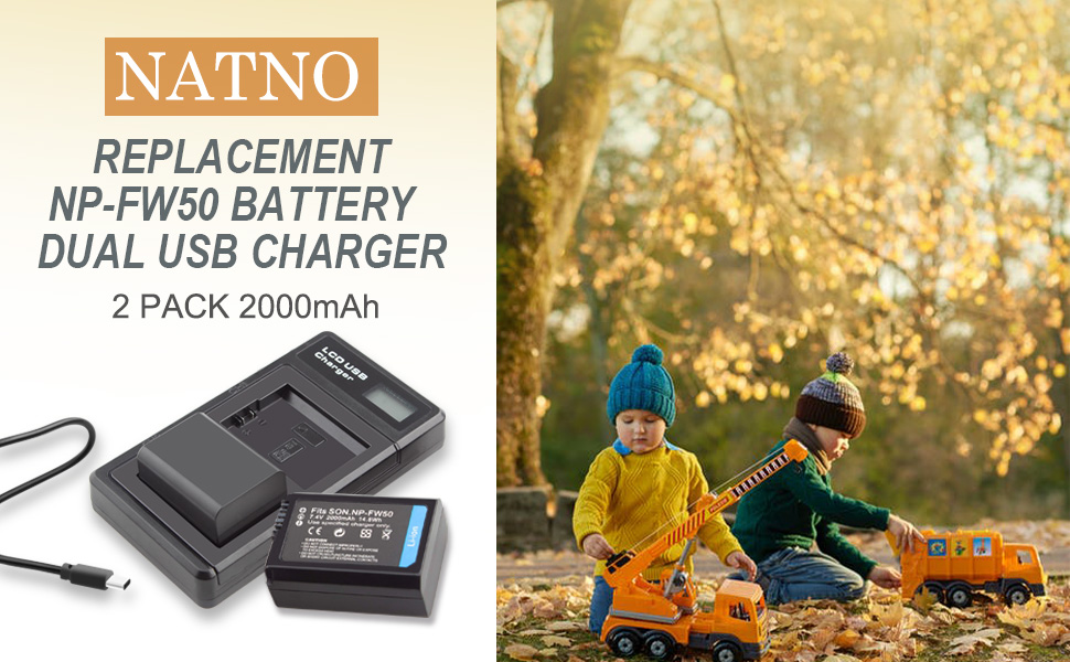 Акумулятор NP-FW50 2000mAh з LED-зарядним пристроєм для камер Sony Alpha A6000, A6500, A6400, A6300, A7, A7II, A7R, A7RII, A7S, A7SII, A7S2, RX10, NEX-3/5/7, 6000, 6400, ZV-E10 (2 шт.)