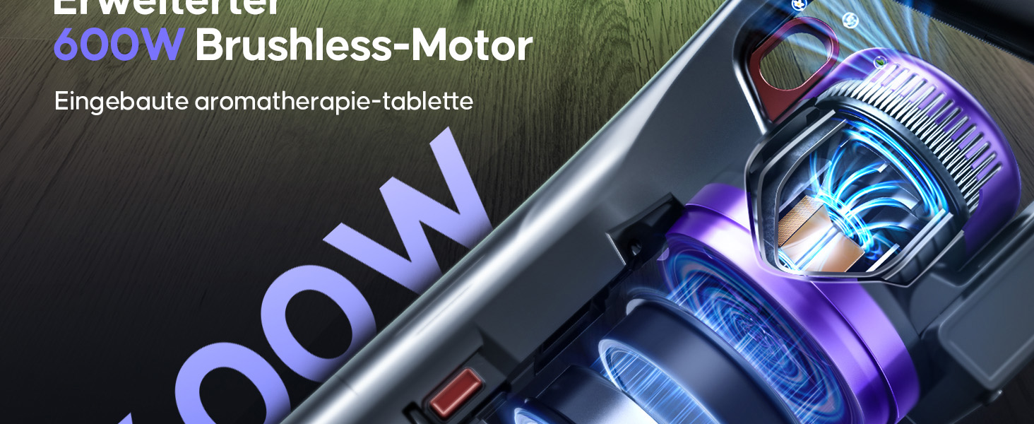 Бездротовий акумуляторний пилосос 600W, 50KPa, 65 хвилин роботи, з HD-дисплеєм, ароматерапією, контейнером 1,8L, світлодіодне освітлення, щітка для килимів, твердих поверхонь та шерсті тварин