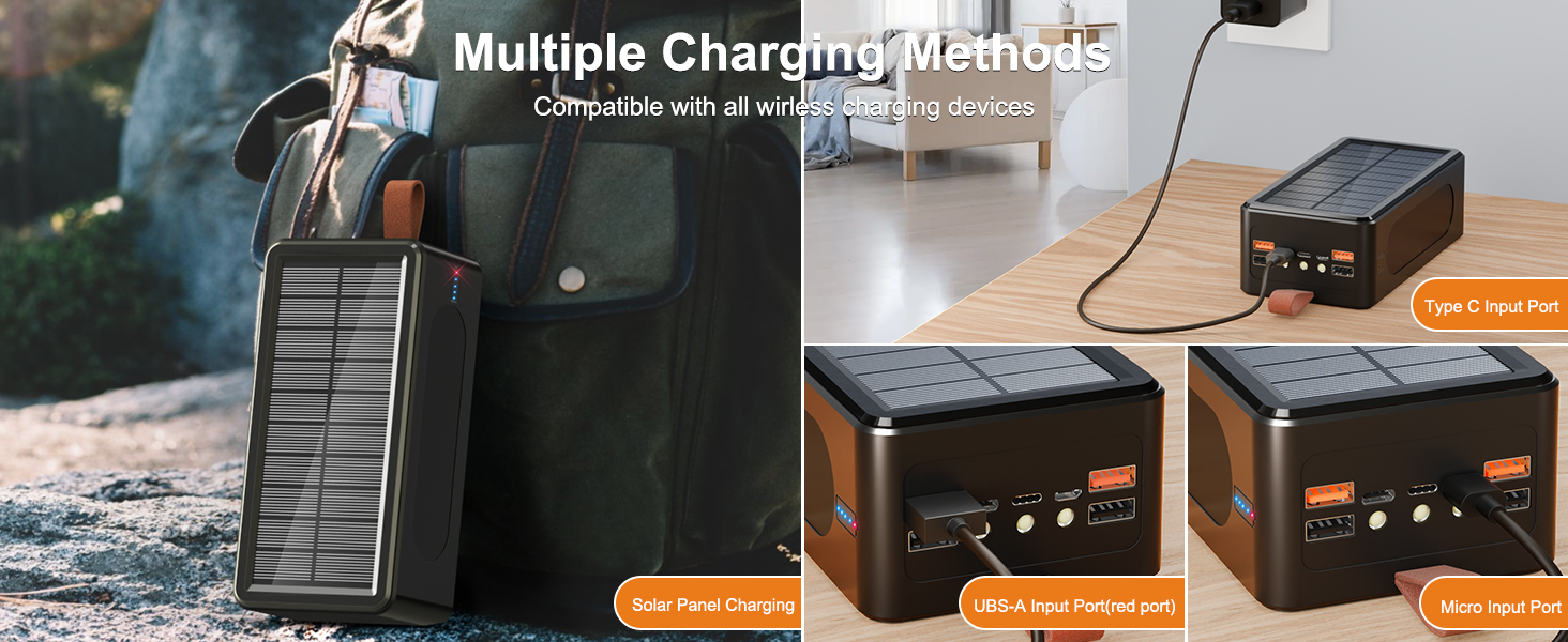 Портативний акумулятор 90000 mAh з сонячною панеллю, PD35W, QC 3.0, Wireless, USB-C, 6 виходів, LED дисплеєм, SOS ліхтарик для подорожей, кемпінгу, відпочинку на природі, чорний